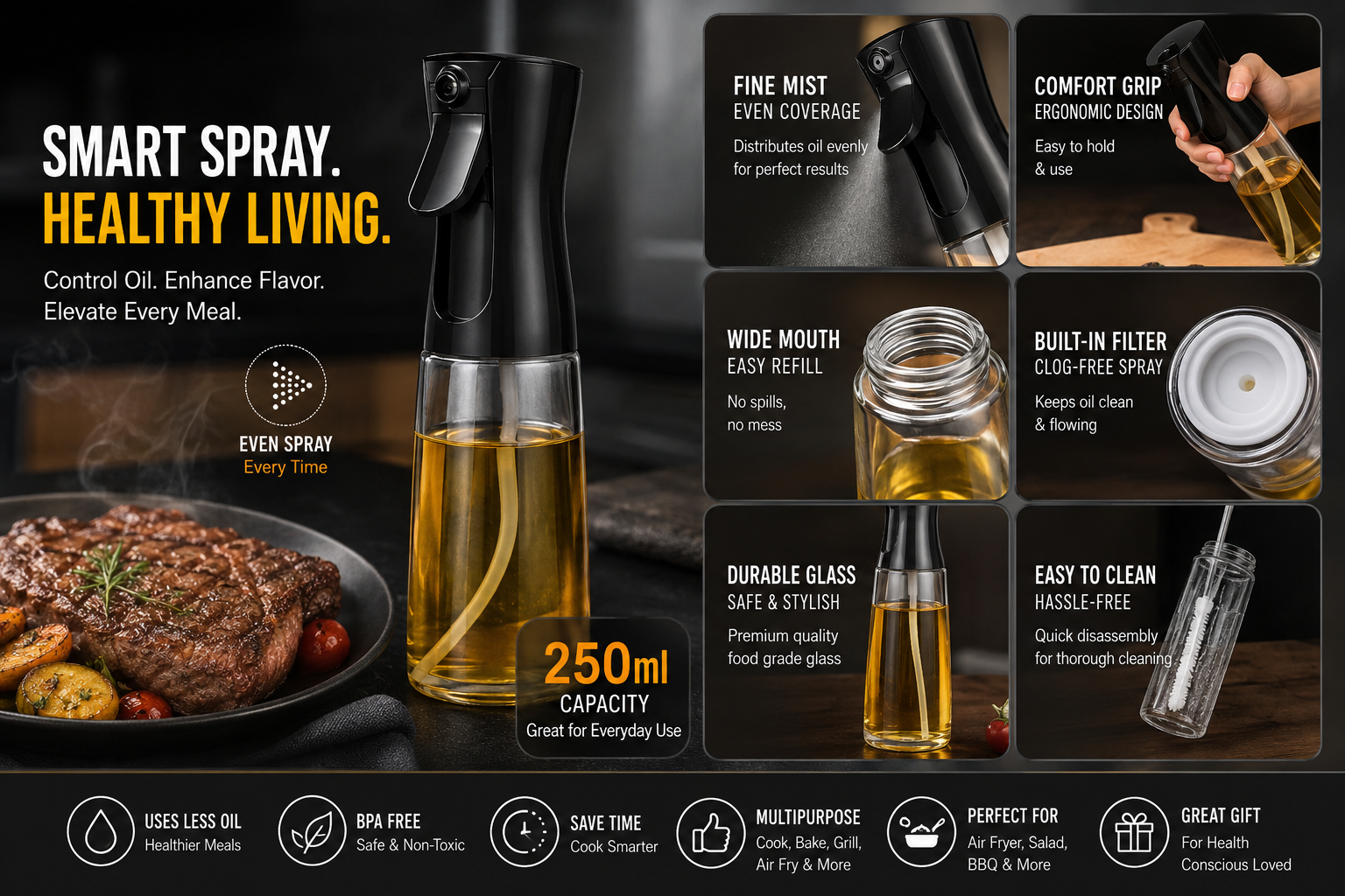 ETHOES Premium 250ml Glass Oil Spray Bottle – Fine Mist Cooking Sprayer for Air Fryer, BBQ & Kitchen