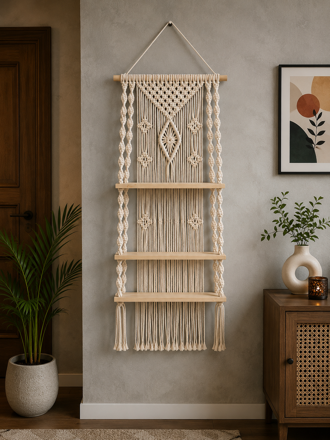 ETHOES Boho Macrame Wall Hanging Shelf | Handmade Cotton Floating Wooden Shelf for Living Room, Bedroom & Home Decor