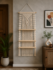 ETHOES Boho Macrame Wall Hanging Shelf | Handmade Cotton Floating Wooden Shelf for Living Room, Bedroom & Home Decor