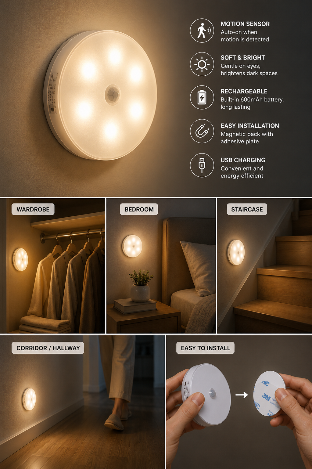 ETHOES Rechargeable Motion Sensor LED Night Light