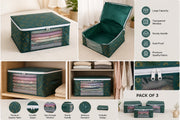 ETHOES Premium Foldable Wardrobe Storage Organizer Bags (Pack of 3) | Large Capacity Clothes, Saree & Blanket Storage Boxes with Clear Window, Dual Zipper & Reinforced Handles